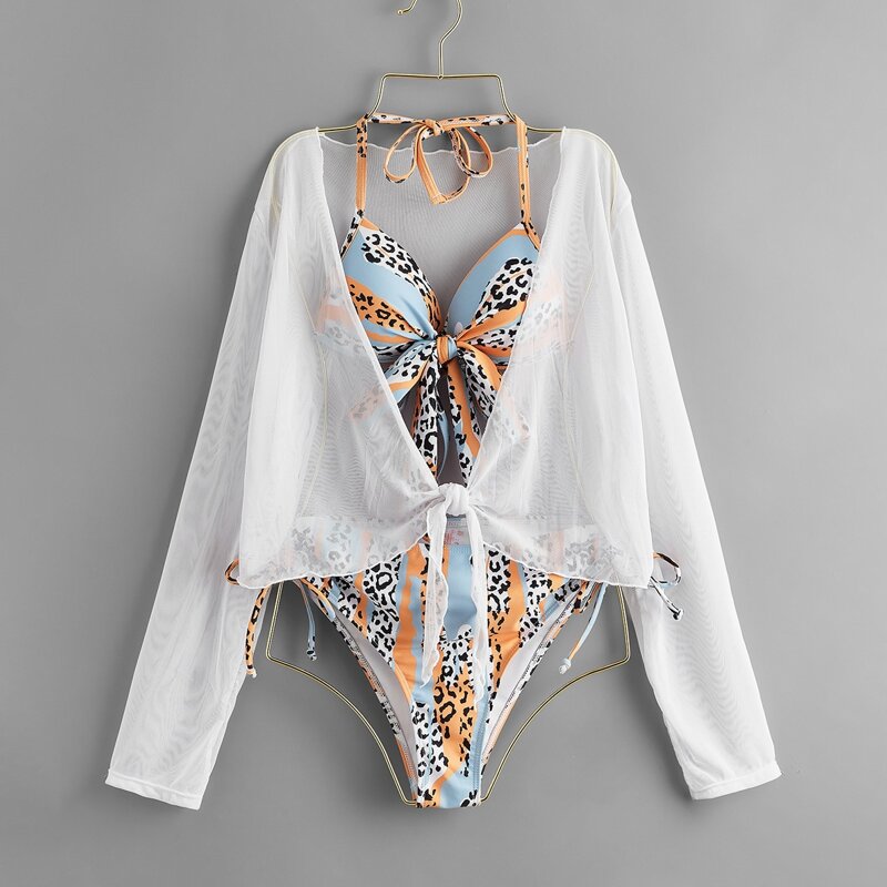 

Leopard Colorblock Drawstring Bikini Swimsuit & Cover Up, Multicolor