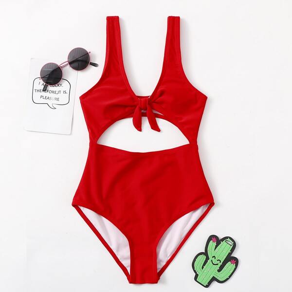 

Girls Cut-out Knot One Piece Swimsuit, Red