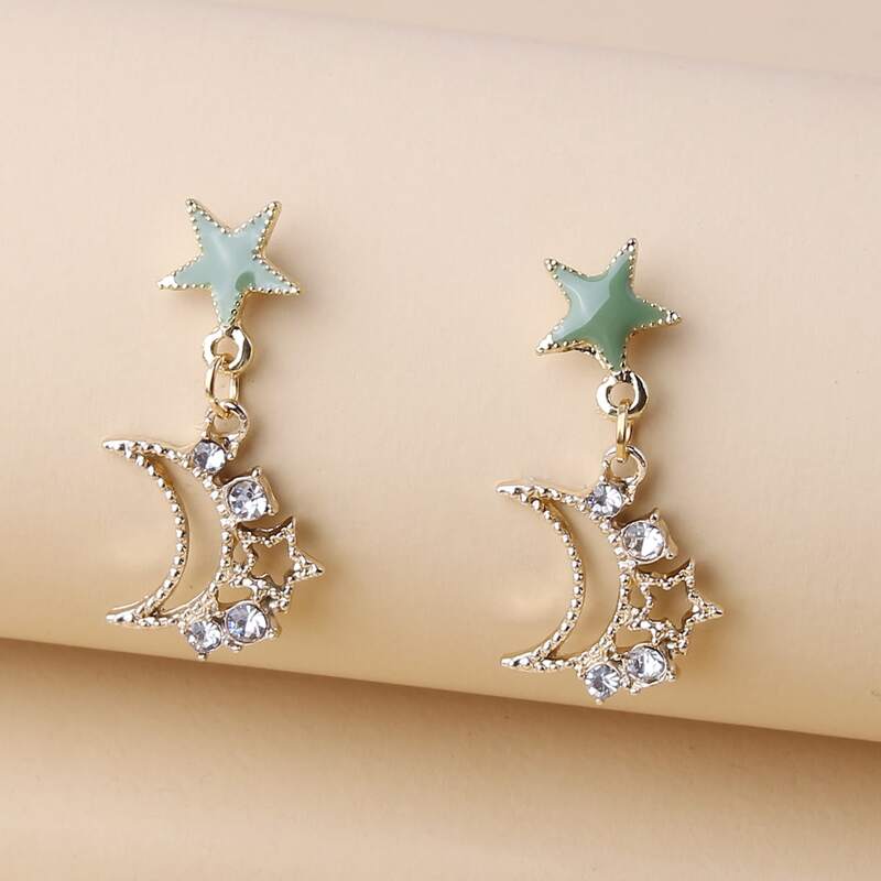 

Rhinestone Moon & Star Drop Earrings, Gold