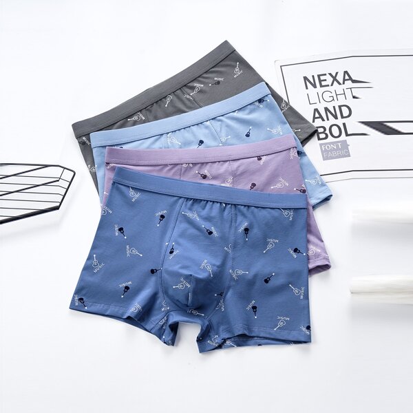 

Men 4pcs Guitar & Letter Graphic Boxer Brief, Multicolor