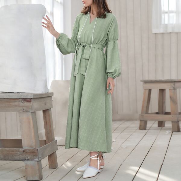 

Tassel Tie Neck Lantern Sleeve Belted Dress, Pastel mint green