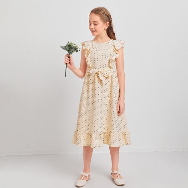 

Girls Ruffle Trim Self Belted Polka Dot Dress, Beige