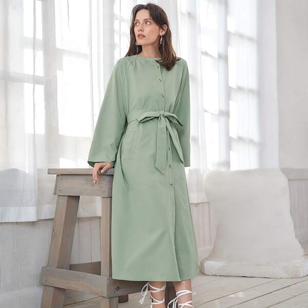 

Raglan Sleeve Buttoned Front Self Belted Dress, Mint green