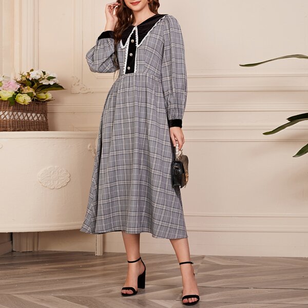 

Collared Buttoned Front Lace Trim Plaid Dress, Grey