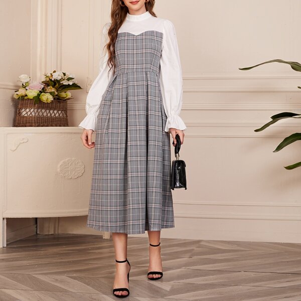 

Mock-Neck Flounce Sleeve Fold Pleated Plaid Dress, Multicolor