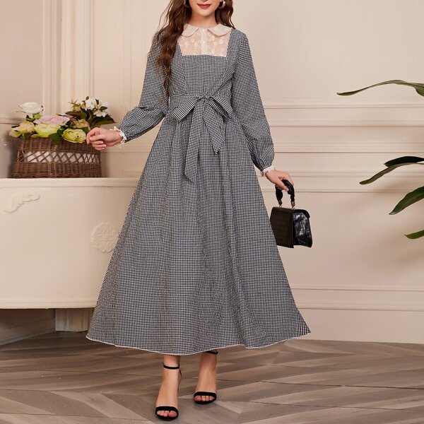 

Embroidered Mesh Panel Peter-pan-collar Self Belted Dress, Black and white