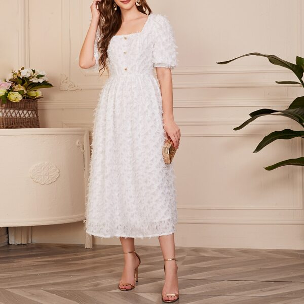 

Puff Sleeve Button Front Fuzzy Dress, White