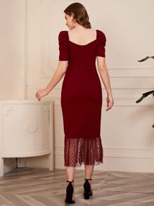 Modelyn فستان بحافة شبكي منقط وبعنق سويت هارت وبأكمام منفوخ - عنابي اللون - مشاهدة 2