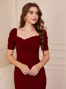 Modelyn فستان بحافة شبكي منقط وبعنق سويت هارت وبأكمام منفوخ - عنابي اللون - مشاهدة 4