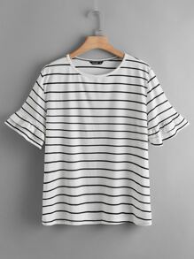 Plus Ruffle Cuff Striped Tee - Black and White - View 1