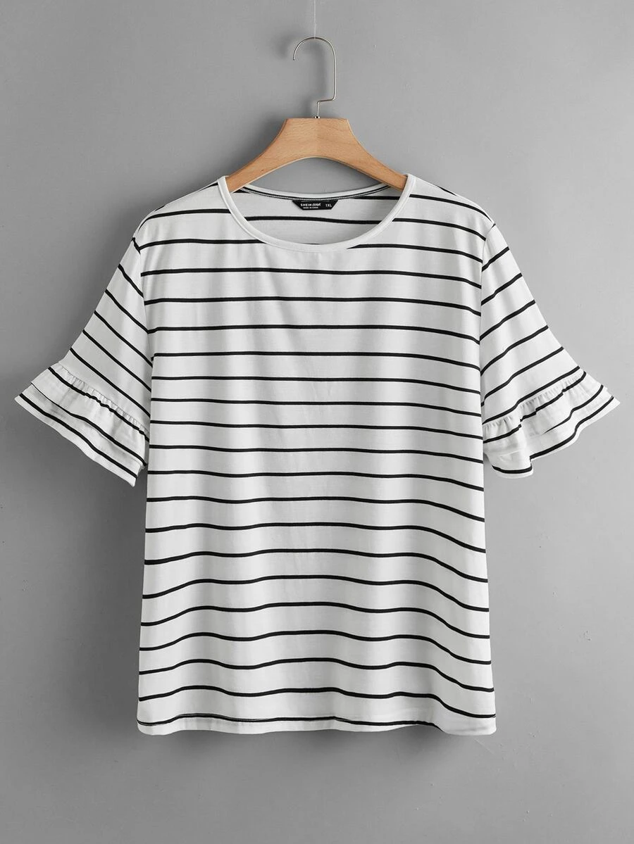 Plus Ruffle Cuff Striped Tee - Black and White - View 1
