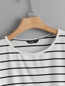 Plus Ruffle Cuff Striped Tee - Black and White - View 4