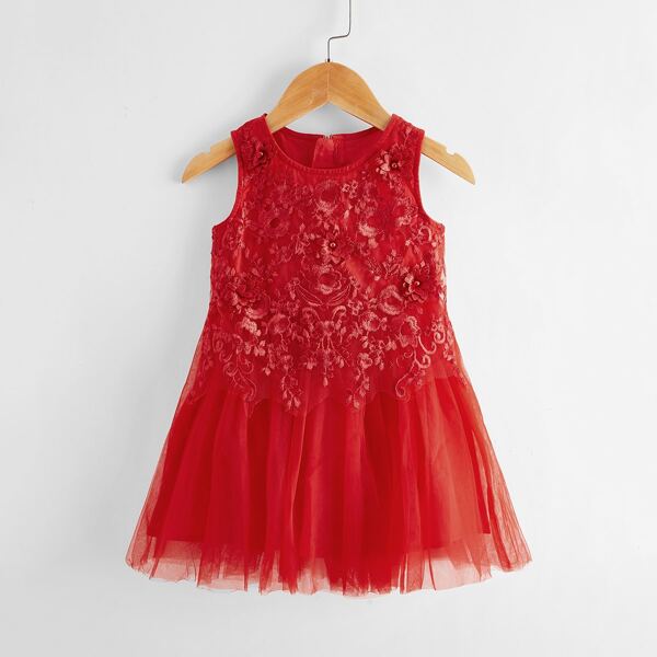 

Toddler Girls Embroidery Appliques Mesh Panel Dress, Red