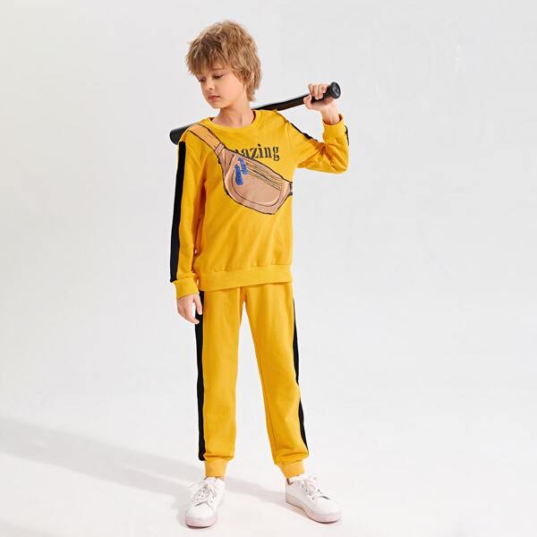 

Boys Letter and Bag Print Pullover & Sweatpants Set, Yellow