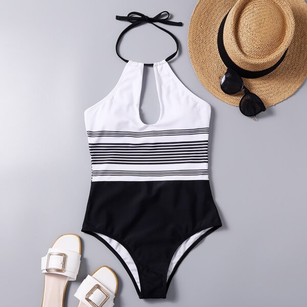 

Striped Cut-out Halter One Piece Swimsuit, Black and white