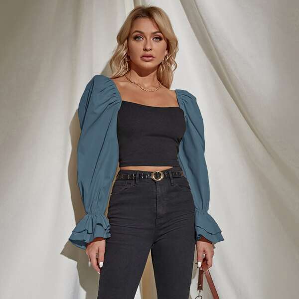 

Bell Sleeve Colorblock Crop Top, Multicolor