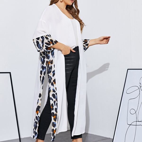 

Plus Split Side Leopard Cuff and Sideseam Kimono, White