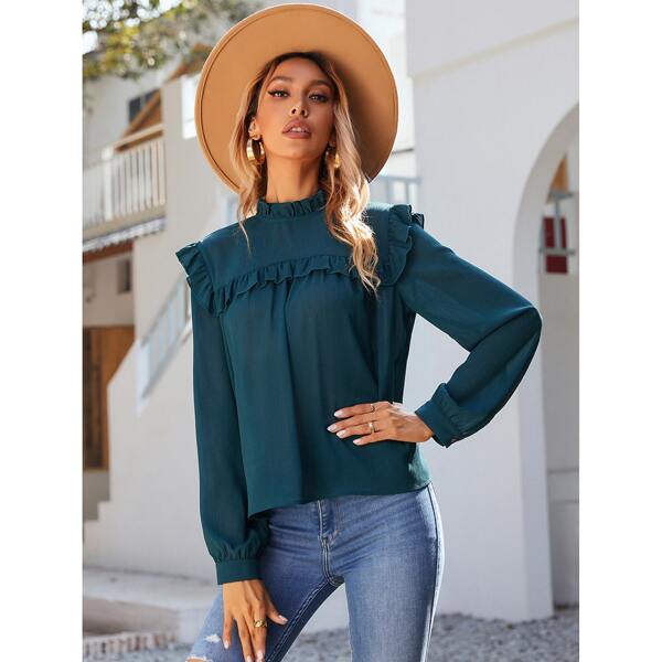 

Ruffle Trim Keyhole Back Blouse, Teal blue