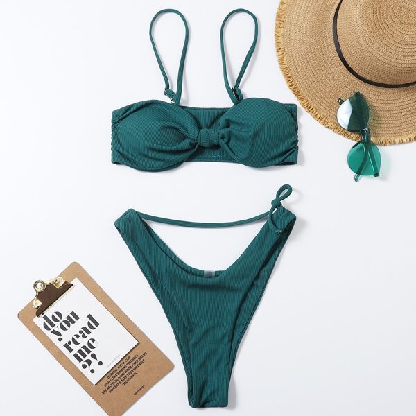 

Rib Knot Front Bikini Swimsuit, Dark green
