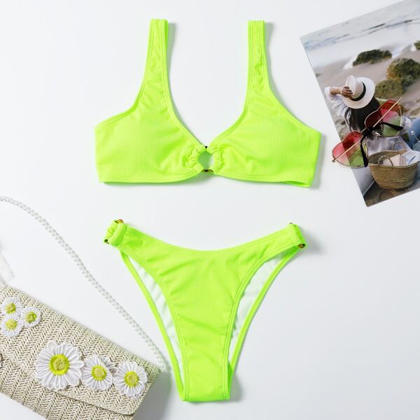 

Neon Lime Rib Ring Linked Bikini Swimsuit, Neon lime green