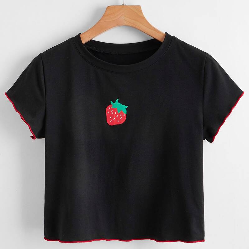 

Strawberry Graphic Contrast Binding Crop Tee, Black