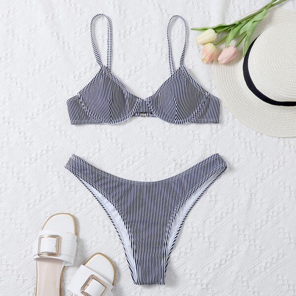 

Pinstripe Underwire High Cut Bikini Swimsuit, Black and white