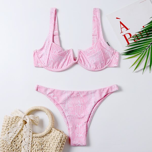 

Snakeskin V Wired Underwire Bikini Swimsuit, Baby pink