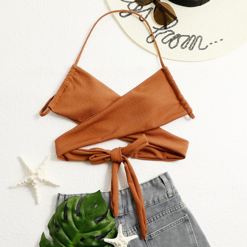 

Textured Wrap Halter Bikini Top, Rust brown