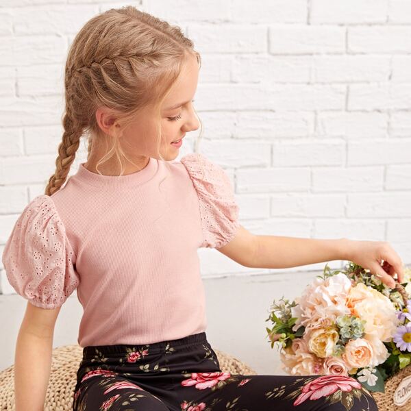 

Girls Schiffy Puff Sleeve Rib-knit Top, Baby pink
