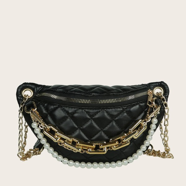 

Faux Pearl & Chain Decor Quilted Fanny Pack, Black