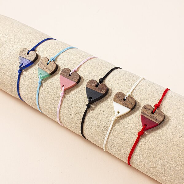 

6pcs Heart Decor Bracelet, Multicolor