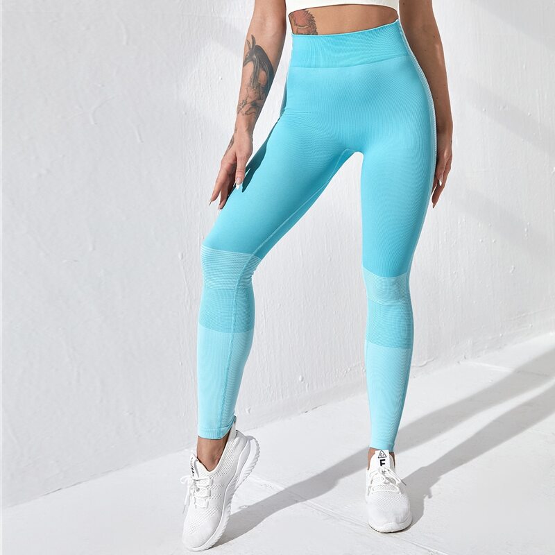 

Seamless Striped Print Wide Band Waist Sports Leggings, Mint blue