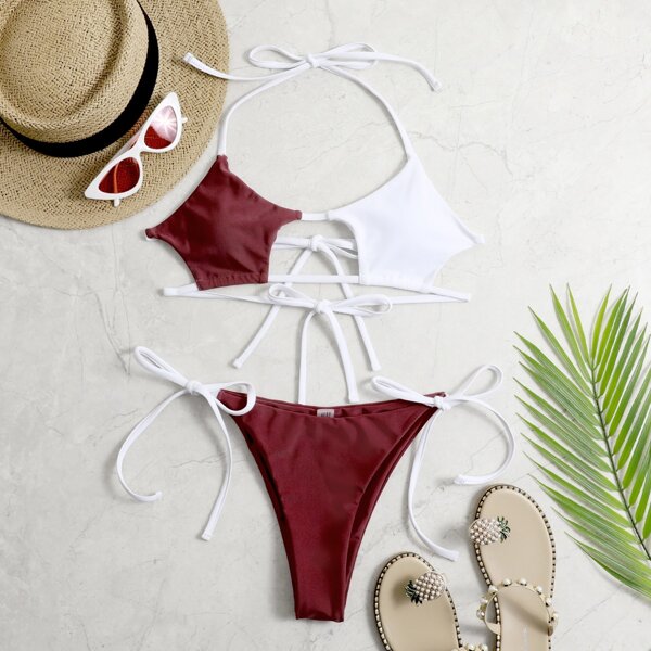 

Color Block Halter Tie Side Bikini Swimsuit, Multicolor