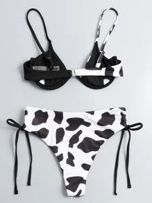 SHEIN Swim 夏季沙灘奶牛印花鋼圈比基尼套裝 - 黑與白 - 查看 2