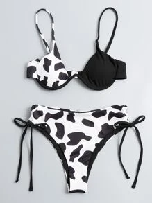 SHEIN Swim 夏季沙灘奶牛印花鋼圈比基尼套裝 - 黑與白 - 查看 3