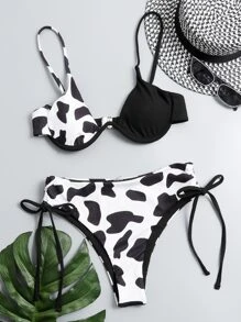 SHEIN Swim 夏季沙灘奶牛印花鋼圈比基尼套裝 - 黑與白 - 查看 4