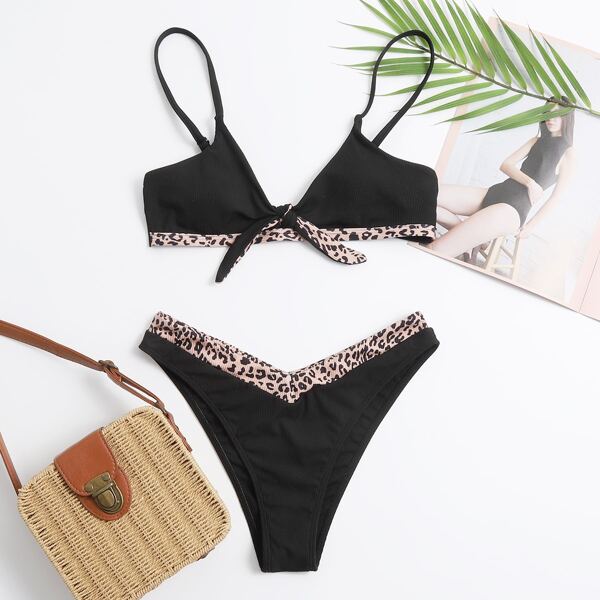

Leopard Trim Knot Front Bikini Swimsuit, Black