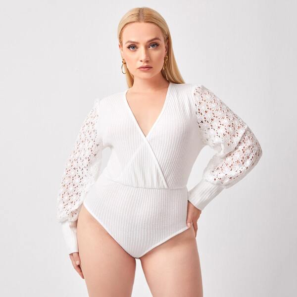 

Plus Wrap Contrast Lace Sleeve Bodysuit, White