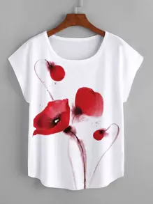 EMERY ROSE Floral Print Cap Sleeve Tee - White - View 1