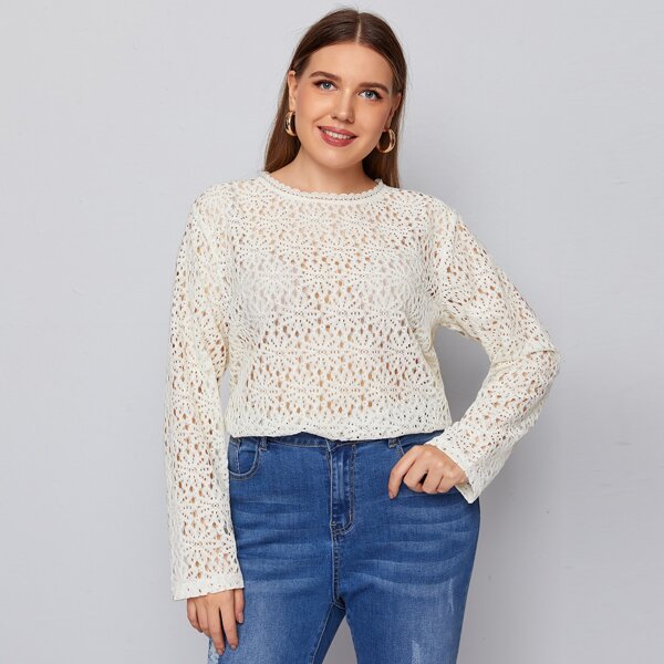 

Plus Button Keyhole Lace Top, Beige