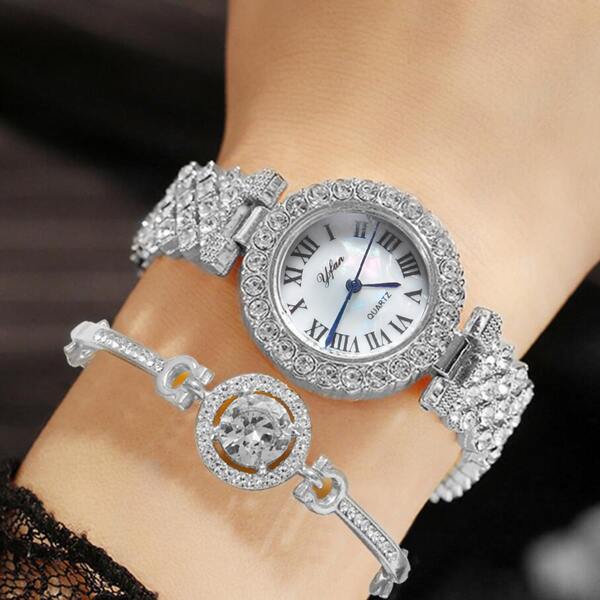 

1pc Rhinestone Decor Quartz Watch & 1pc Bracelet