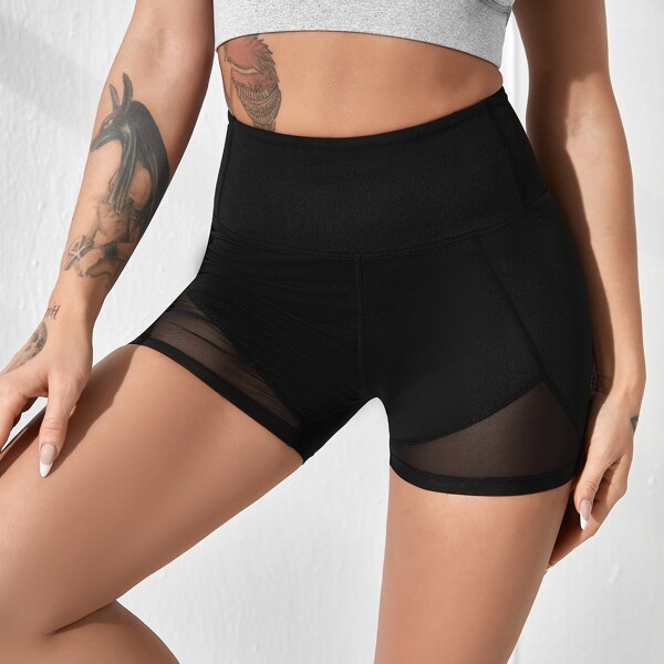 

Mesh Panel Solid Sports Shorts, Black