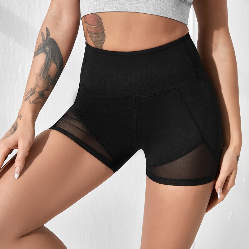 

Mesh Panel Solid Sports Shorts, Black