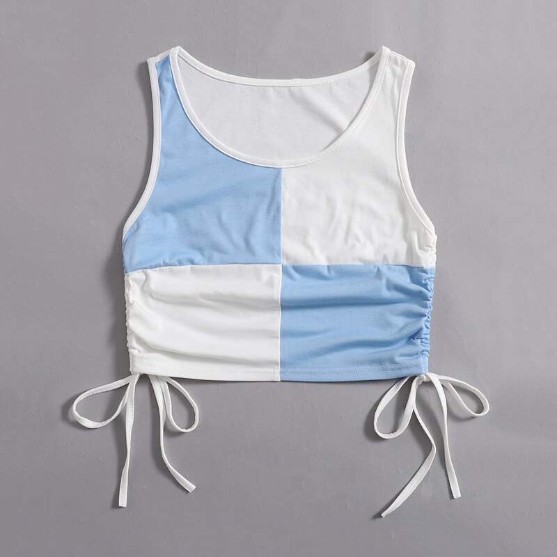 

Drawstring Side Colorblock Tank Top, Blue and white