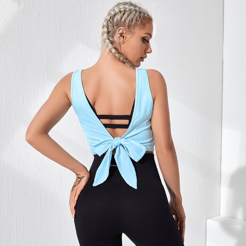 

Tie Back Solid Sports Tank Top, Baby blue