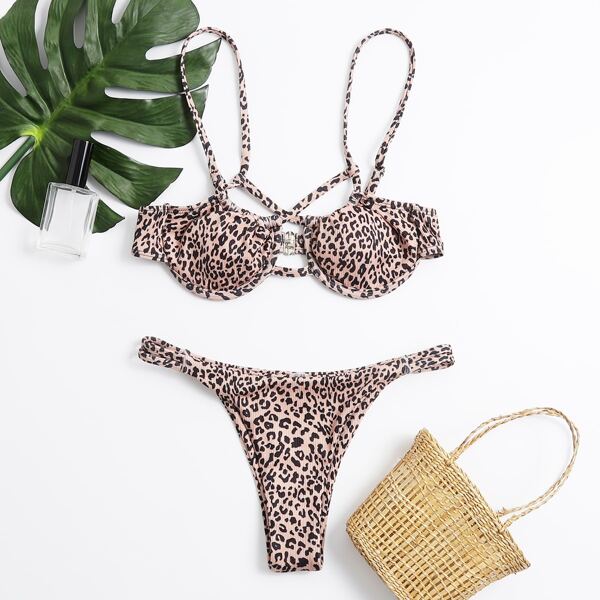 

Leopard Rib Underwire Bikini Swimsuit, Multicolor