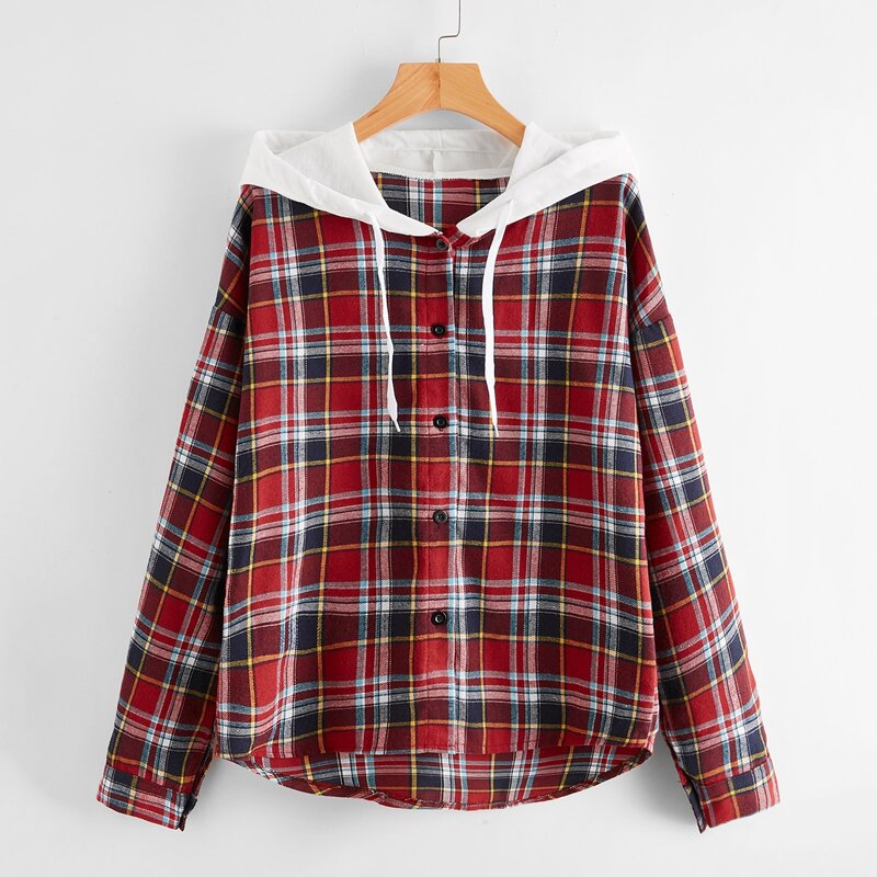 

Plaid Hooded Shirt, Red
