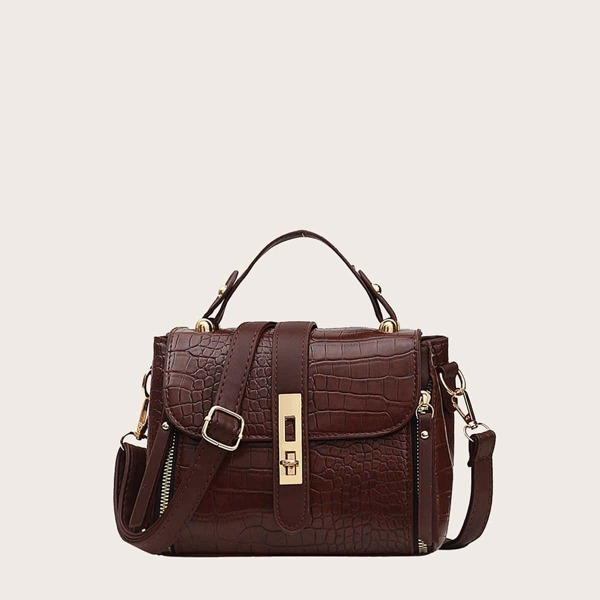 

Croc Embossed Top Handle Satchel Bag, Coffee brown