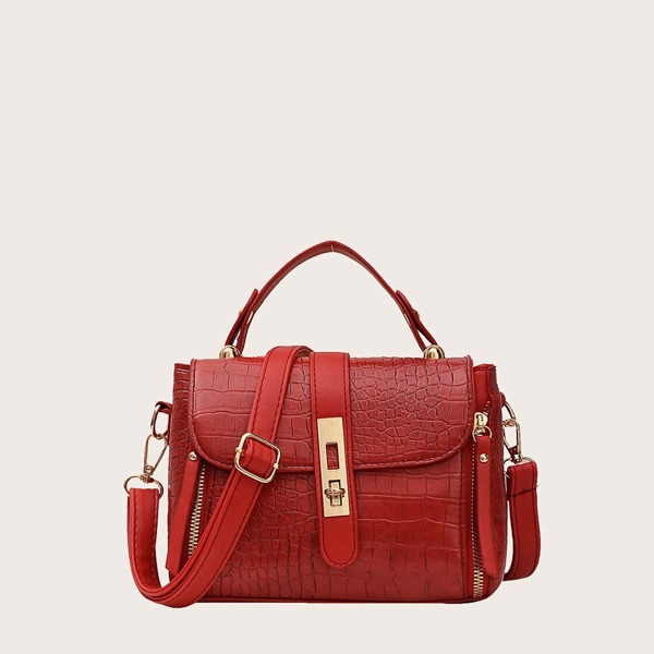 

Croc Embossed Top Handle Satchel Bag, Red