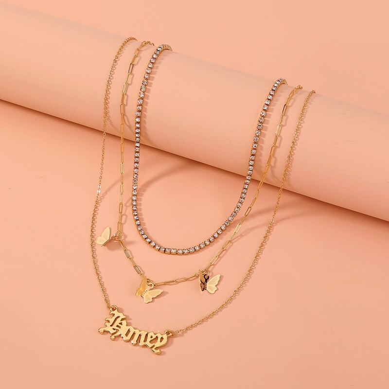 

3pcs Butterfly Charm Necklace, Gold
